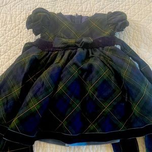 Beautiful green and navy plaid, with velvet trim, dress.